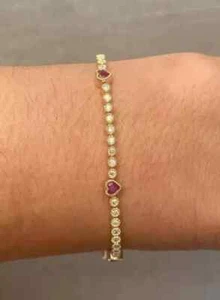 Lab Created RoundDiamond Tennis Bezel Ruby Heart Bracelet 14K Yellow Gold Finish - Picture 1 of 2
