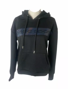 Bebe Women’s Hoodie Size Large Black Striped Logo Pullover Front Pocket Sport - Picture 1 of 6