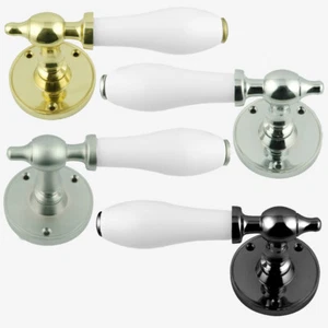 Round Rose Lever Door Handle Set (pair) White Porcelain Handle - Picture 1 of 6
