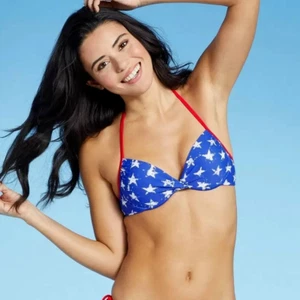 Bikini Top Underwire Xhilaration Blue White Star Red Flag Patriotic M Halter USA - Picture 1 of 1