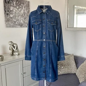 H&M Dark Blue Denim Collared Long Sleeve Buttoned Multi Pocketed Mini Dress 8-10 - Picture 1 of 10