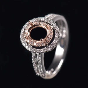 Custom Oval 8x6MM Natural Diamond Double Halo Ring Semi Mounting Solid 14K Gold - Picture 1 of 8