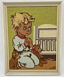 Vtg Framed Needlepoint Boy Child saying prayers dog, puppy, teddy bear MCM - Picture 1 of 6