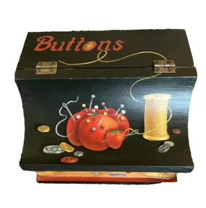 Button Sewing Notions Box Wood Hand Painted FREESHIP - Picture 1 of 9