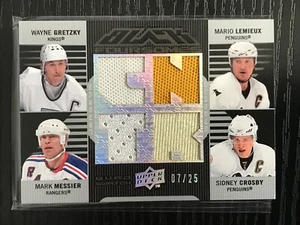 2008/09 UPPER DECK BLACK GRETZKY-CROSBY-LEMIEUX-MESSIER QUAD GAME-USED JERSEY/25 - Picture 1 of 2