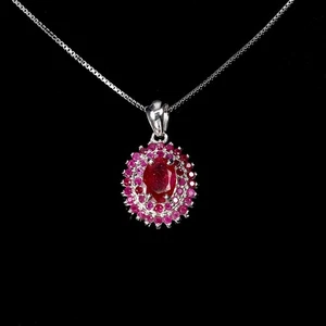 925 Sterling Silver Necklace Oval Ruby 7x5mm Ruby Natural Gemstone Jewelry 18in - Picture 1 of 13