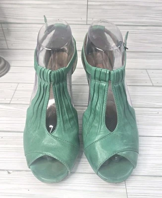 Miz Mooz Shoes Women Salima 7 Green T Ankle Strap Heels Peep Vamp Pin up Retro - Image 1 of 4