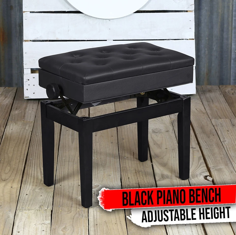 GRIFFIN Black Leather Piano Bench - Wood Vanity Stool Keyboard Seat Guitar Chair - Image 1 of 4