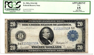 1914 $20 Fr#983a  PCGS 15 Appt FRN Richmond Blue Seal - Image 1 of 2