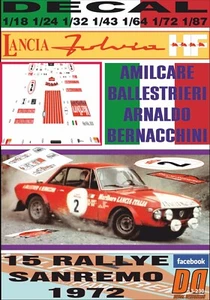 DECAL LANCIA FULVIA HF AMILCARE BALLESTRIERI R. SANREMO 1972 WINNER (08) - Picture 1 of 1