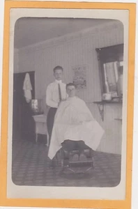 Real Photo Postcard RPPC - Barber with Customer in Chair - Barber Shop - Picture 1 of 1