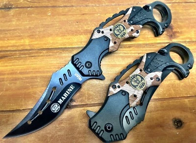 Spring Assisted Asst Karambit Tactical US Marines Pocket Knife With Seat Belt - Image 1 of 2