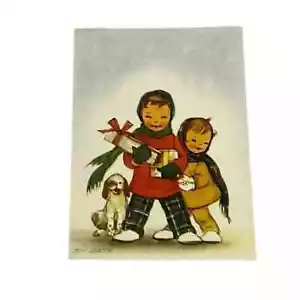 Biglietto di Natale vintage Tuck Two Boys Dog Artist firmato Jody Austin CBX - Foto 1 di 5