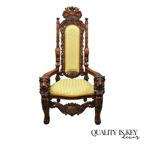 Large Renaissance Style Figural Lion Carved Wood Paw Feet Throne Chair - Picture 1 of 12