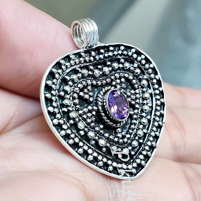 Faceted Amethyst Gemstone 925 Sterling Silver Oxidized Pendant Heart Jewelry - Image 1 of 4