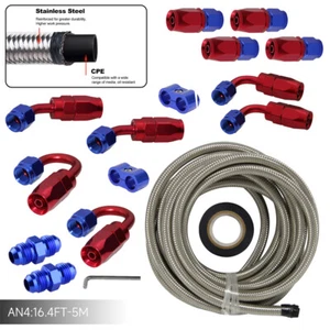 5m Long 4AN Stainless Steel Braided Fule Line w/Striaght & 90° Hose Fittings Kit - Picture 1 of 10