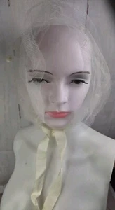 Vtg 1960'S White Net Hair Protector Hat Tie on Bonnet with Ribbon and Pom Poms - Picture 1 of 12
