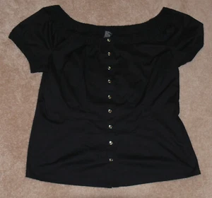 R.Q.T. Size 2X Women’s Black Short Sleeve Stretch Shiny Button Up - Picture 1 of 4