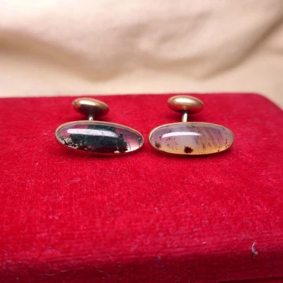 vintage Gold Filled GF Moss Agate Dumb Bell Cufflinks - Image 1 of 4