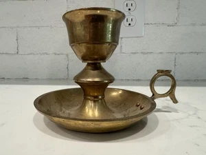 VINTAGE SOLID BRASS CANDLE STICK HOLDER WITH FINGER LOOP - Picture 1 of 7