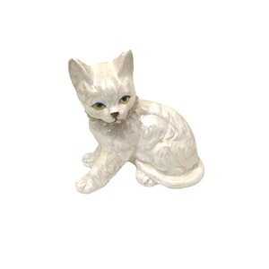 Enesco Cat Kitten Figurine White Lusterware Rhinestone Collar Green Eyes Vintage - Picture 1 of 18