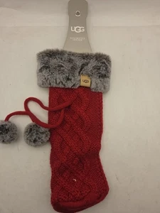 UGG Wine Bottle Holder Knit With Faux Fur & Pom Pom's Red Knit & Grey Fur - Picture 1 of 6