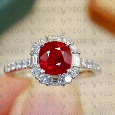 4.10Carat Cushion Shape Natural Ruby and Diamond Halo Ring 18K White Gold Plated - Image 1 of 4