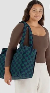 Baggu Small Cloud Carry-on Bag Navy Green Checkered Print RARE - Picture 1 of 7