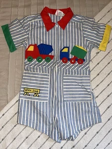 Vintage Junge Petit Jouet gestreift Bau Arbeitszone Strampler Reißverschluss Outfit 4T Kleinkind - Bild 1 von 5