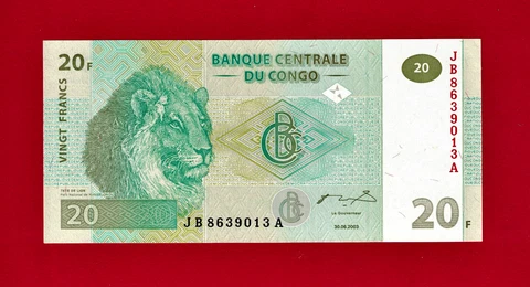 BEAUTIFUL 20 FRANCS 2003 CONGO UNC NOTE (Pick-94A) (G&D) Sign: J. C. M. Mulongo Cover