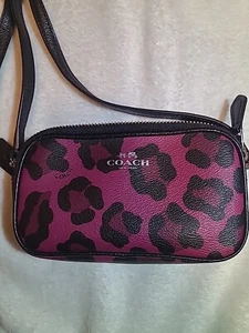 Coach Ocelot Print Crossbody Pouch Double Zipper Cranberry Black Silver F53421 - Picture 1 of 7