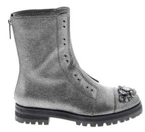 37/US 7❤️ Silver Leather Crystal Combat Biker Riding Ankle Boots ITALY - Picture 1 of 5