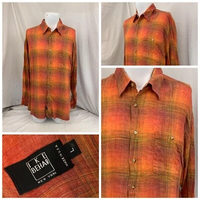 Ike Behar Shirt L Orange Plaid Button-up Long Sleeve made USA EUC YGI P1-381 - Image 1 of 4