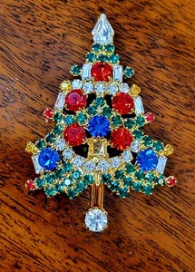 OTC mehrfarbige Weihnachtsbaum Strass Brosche signiert 2 1/2" x 1 3/4" LESEN  - Bild 1 von 14