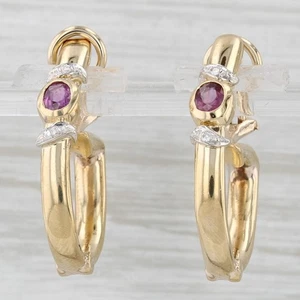 0.54ctw Ruby Diamond Hoop Earrings 14k Yellow Gold Clip On Omega Backs - Picture 1 of 6
