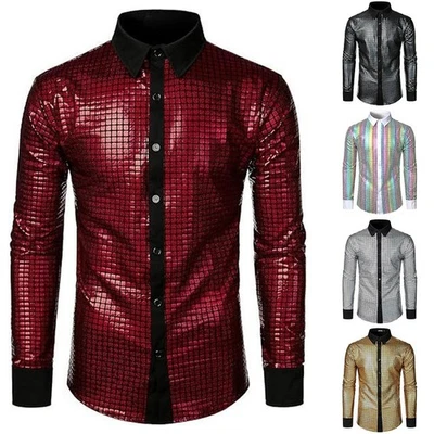 Men's Sequin Glitter Long Sleeve Shirt for 70s Disco Party Costume Performance - Image 1 of 4