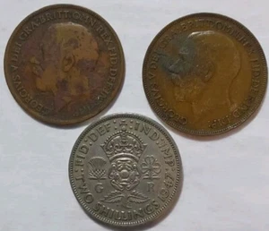 3 UK Coins-Large Bronze Pennies 1920 & 1922 + Two Shilling 1947 Copper Nickel - Picture 1 of 5