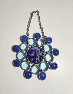 Prendisole viso sole blu 4,5" da appendere vetro fatto a mano argento sud ovest - Foto 1 di 5