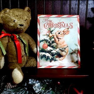 ADORABLE SIGNO DE CONEJO DE NAVIDAD ESTILO VINTAGE VICTORIANO PRIMITIVO EN MAL ESTADO - Imagen 1 de 12