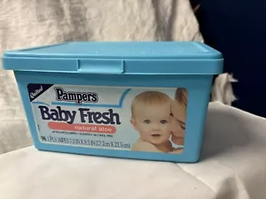 Pampers Baby Frischetücher Kunststoffbehälter 1996 blau Vintage Box leer Klappschale - Bild 1 von 7