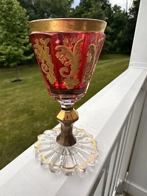 Antique Bohemian Cordial Glass Ruby Color With Golden Enamel Decoration - Image 1 of 4