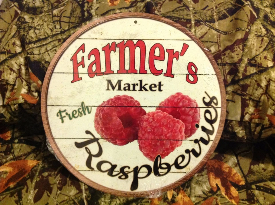 Farmers Market Fresh Raspberries Round Sign Vintage Garage Bar Decor Old Rustic - Image 1 of 1
