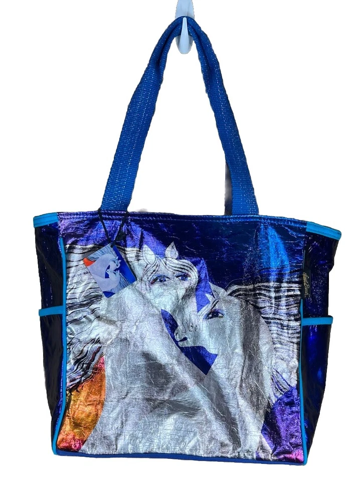 Laurel Burch Foiled Ivory Mares Horse Shoulder Tote Zipper Top 20.5" x 13.75" - Image 1 of 4