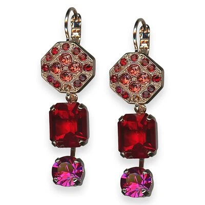 Mariana Earrings Firefly Coll. Octagon Dangling Red, Rose Peach, & Fuchsia Au... - Image 1 of 3