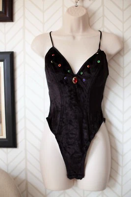 Vintage 80s Women's Sexy Lingerie Black Velvet French Cut Hip Bodysuit Size M - Image 1 of 4