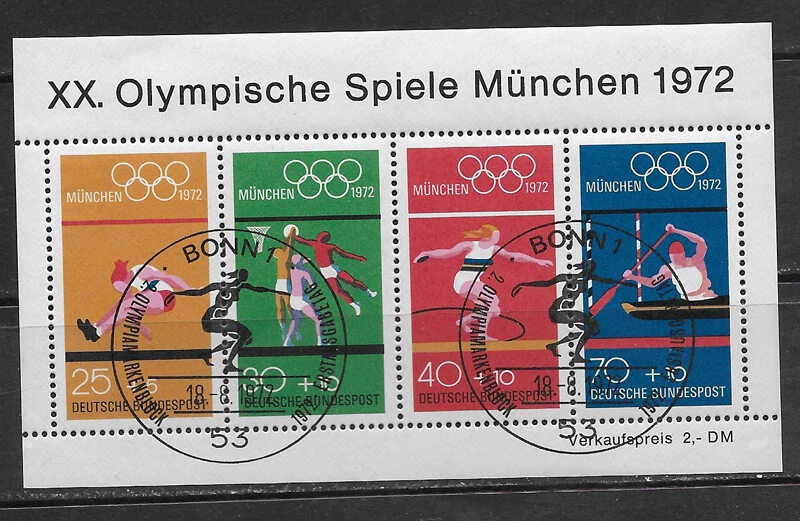  GERMANY, 1972 OLYMPIC , SPORTS , SOUVENIR SHEET W/1ST DAY CANCEL, PERF , CTO/NH - Image 1 of 1
