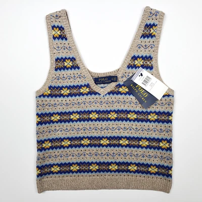 Polo Ralph Lauren Fair Isle Knit Tank Top XS Women UK 8 Cropped Knit Vest Silk - Image 1 of 4