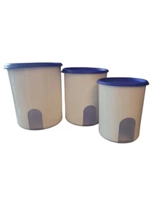 3 Tupperware One Touch Canisters Set A B C Vintage Dark Blue & White NOS - Picture 1 of 4