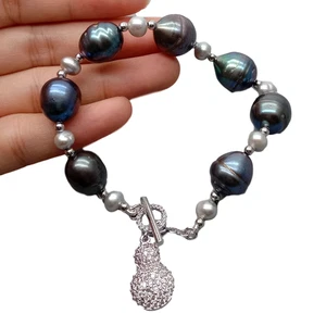 8" Cultured Black Rice Pearl Grey Pearl Bracelet - Picture 1 of 6