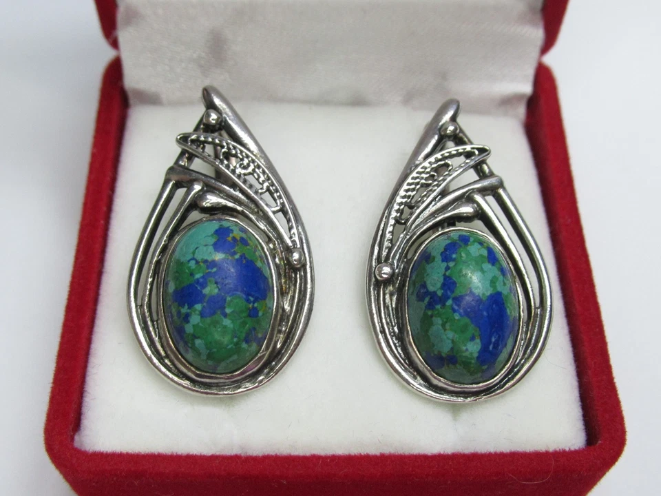 Pendientes mujer plata de ley 925, azurita-malaquita, peso 8,66 g.. Foto 1 de 4